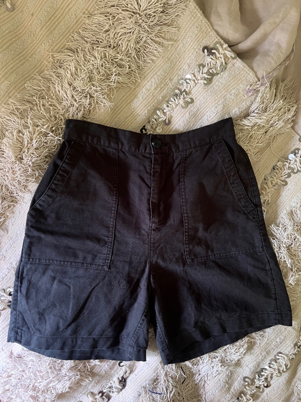 Roots Size 4 Cotton and Linen High-Rise Utility Shorts Navy Blue
